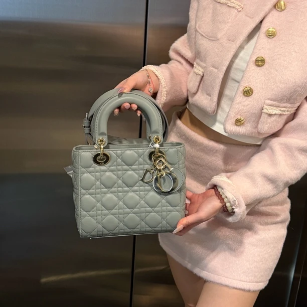 95新 DIOR/迪奥 95新大象灰金扣四格戴妃斜挎包