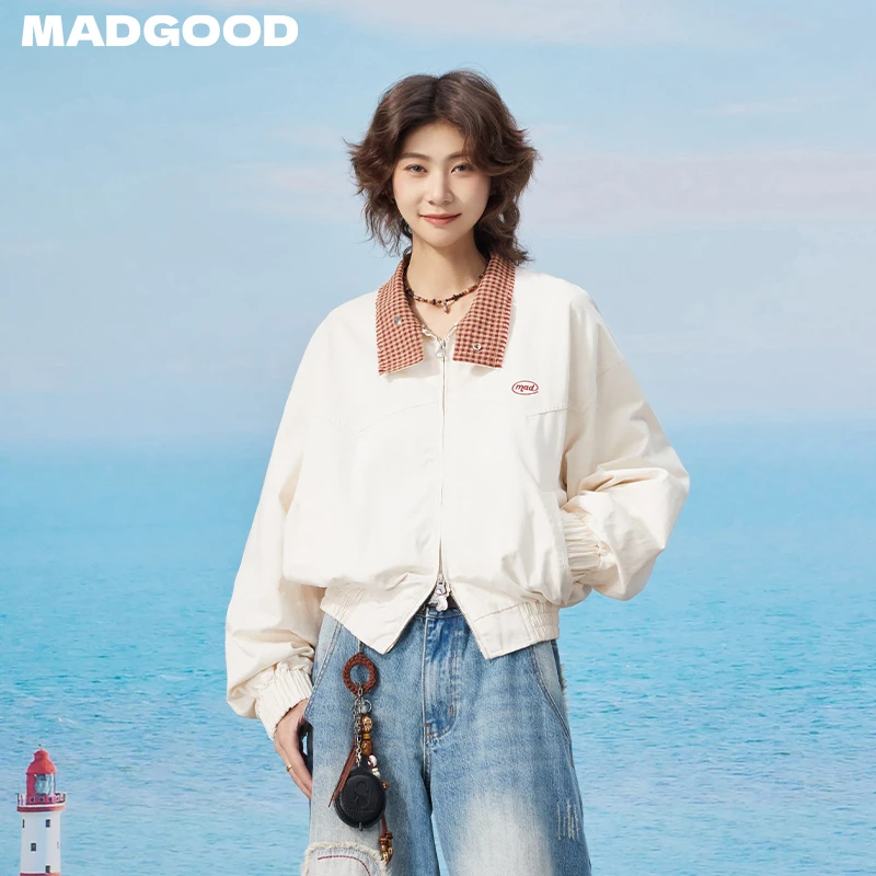madgood 马得工地日系合身毛流小立领水洗格纹短夹克MDGDWT13251
