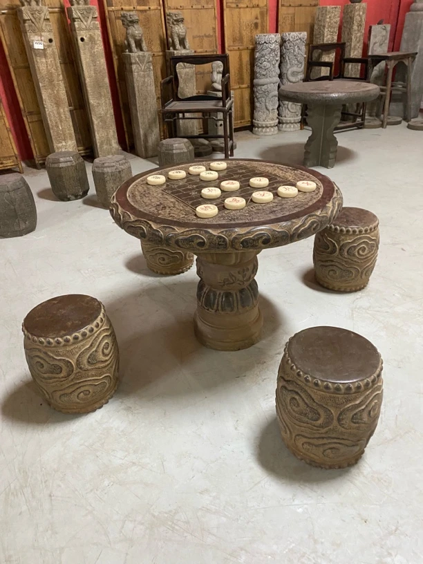 黑青石一桌四凳直径80高63不包邮品相如图复古镂空纯手工中古树桩