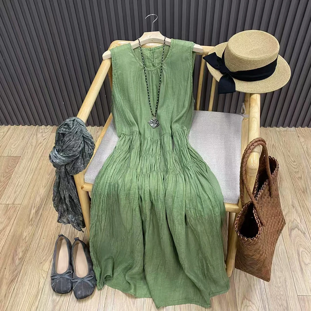 天丝苎麻无袖褶皱连衣裙气质简约显瘦纯色文艺背心裙女Q1056