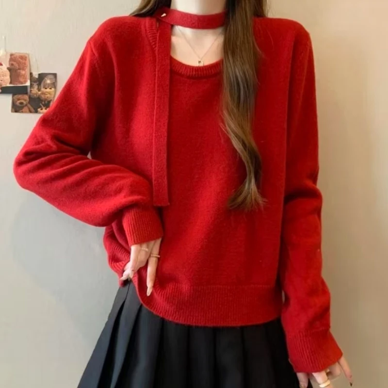 F142 时尚气质短款圆领镂空休闲百搭潮流长袖针织衫