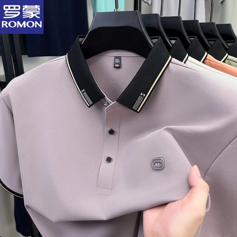 罗蒙凉爽百搭男士新款POLO衫抗皱中年半袖T恤衫夏季冰丝时尚短袖
