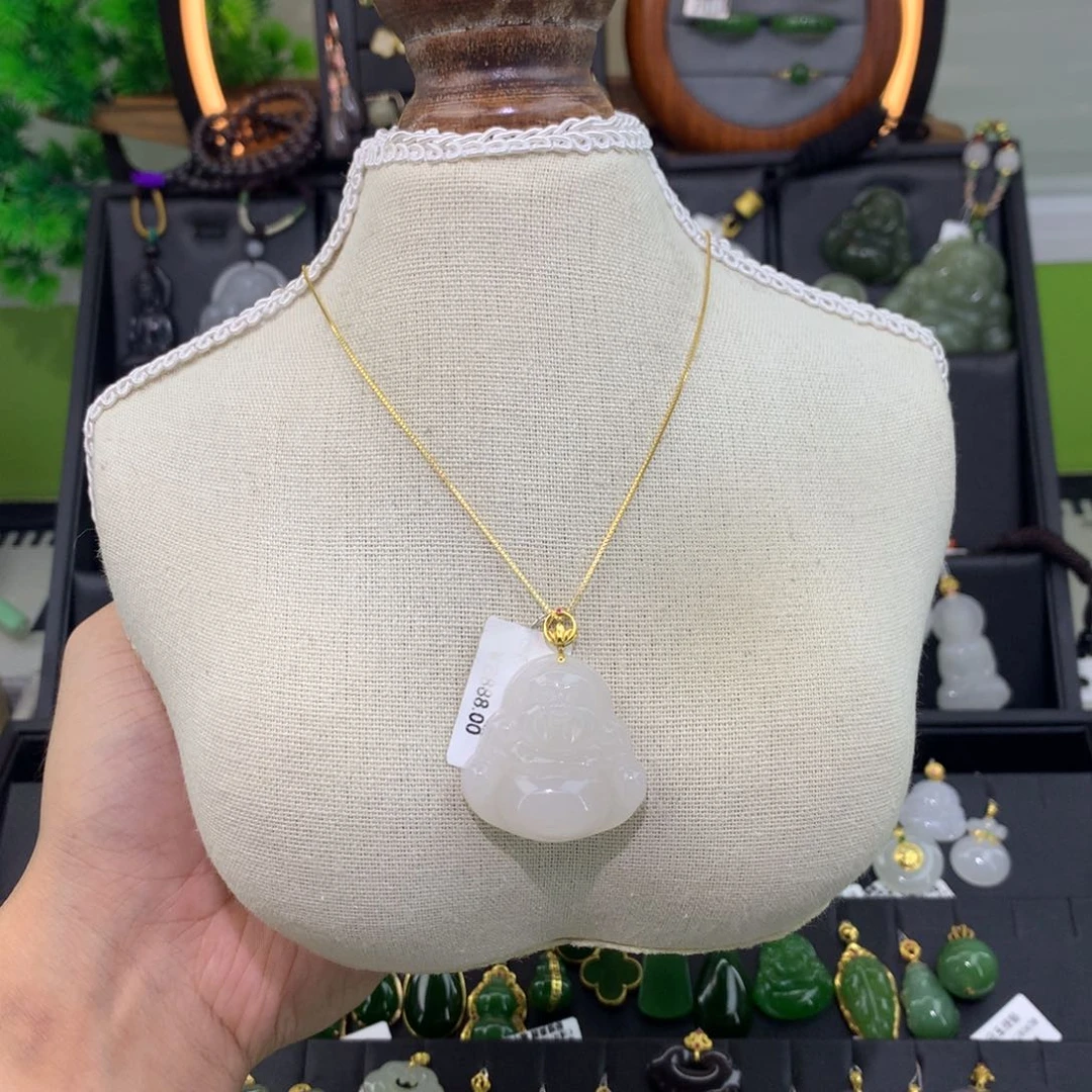 和田玉（白玉）18K金镶嵌吊坠(赠链)