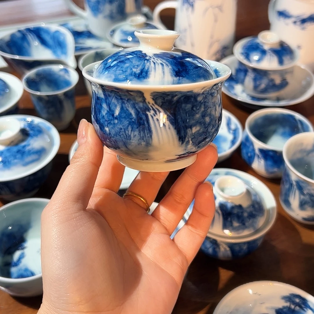 杯若****山青花手绘山水盖碗