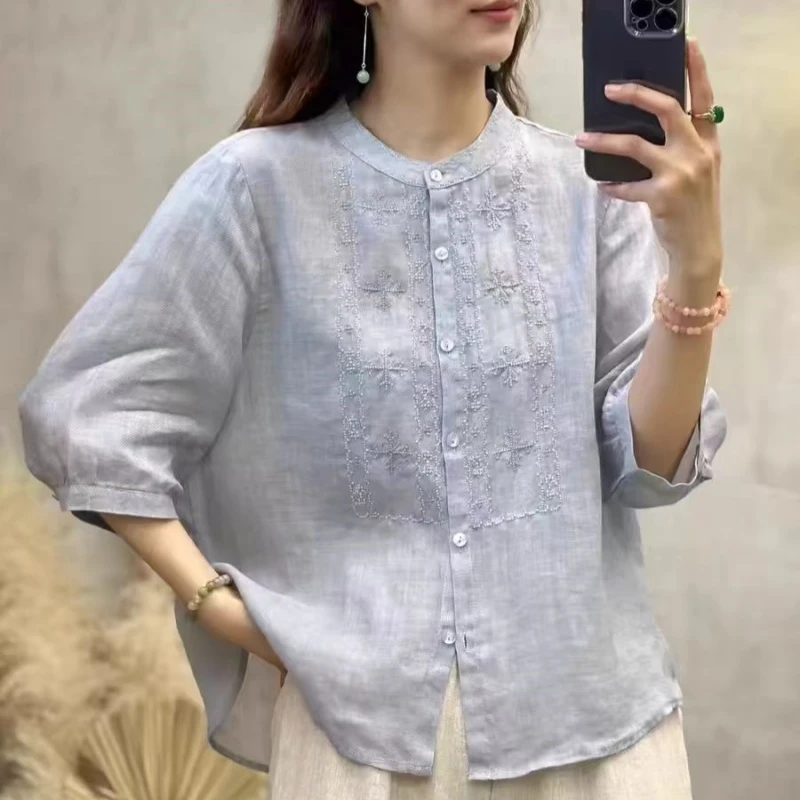夏季新款棉麻圆领刺绣衬衣女士妈妈装五分袖胖mm气质衬衫休闲上衣