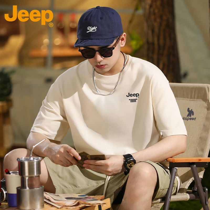 JEEP/吉普短袖T恤男款潮流夏季100%纯棉重磅圆领宽松套头衫体恤