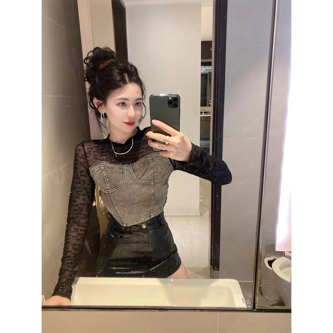 2025新款性感透视网纱植绒拼接牛仔上衣早秋辣妹短款修身长袖T恤