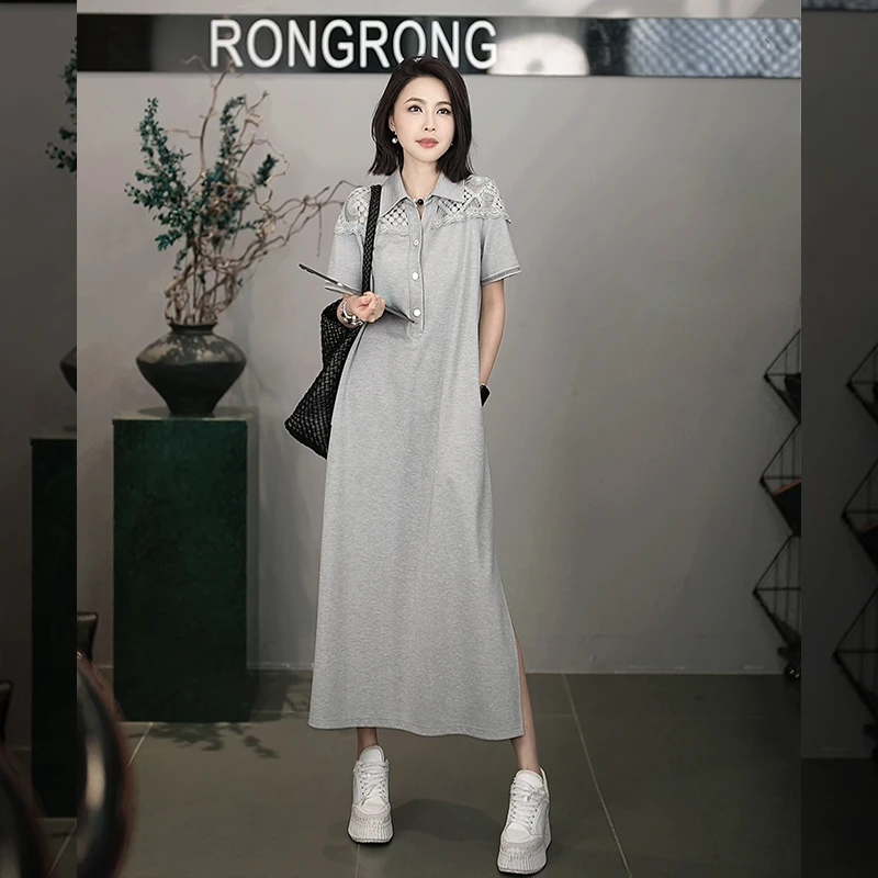 溶溶【浮诗墨夏】RONGRONG 半开襟拼接蕾丝宽松显瘦连衣裙C-A208329