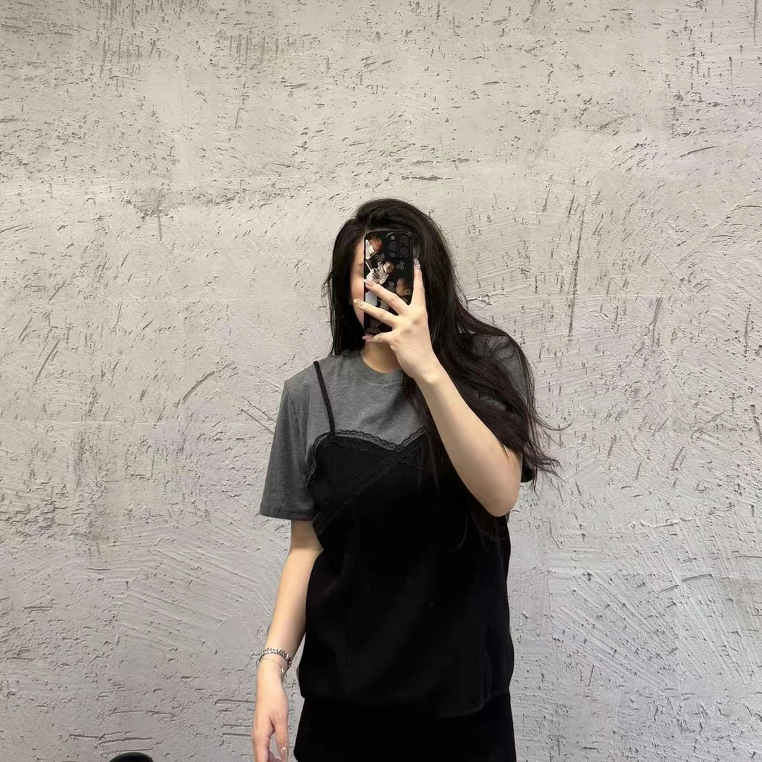 《大韩韩推荐》拼接短袖大码女装夏季显瘦法式假两件百搭宽松撞色T