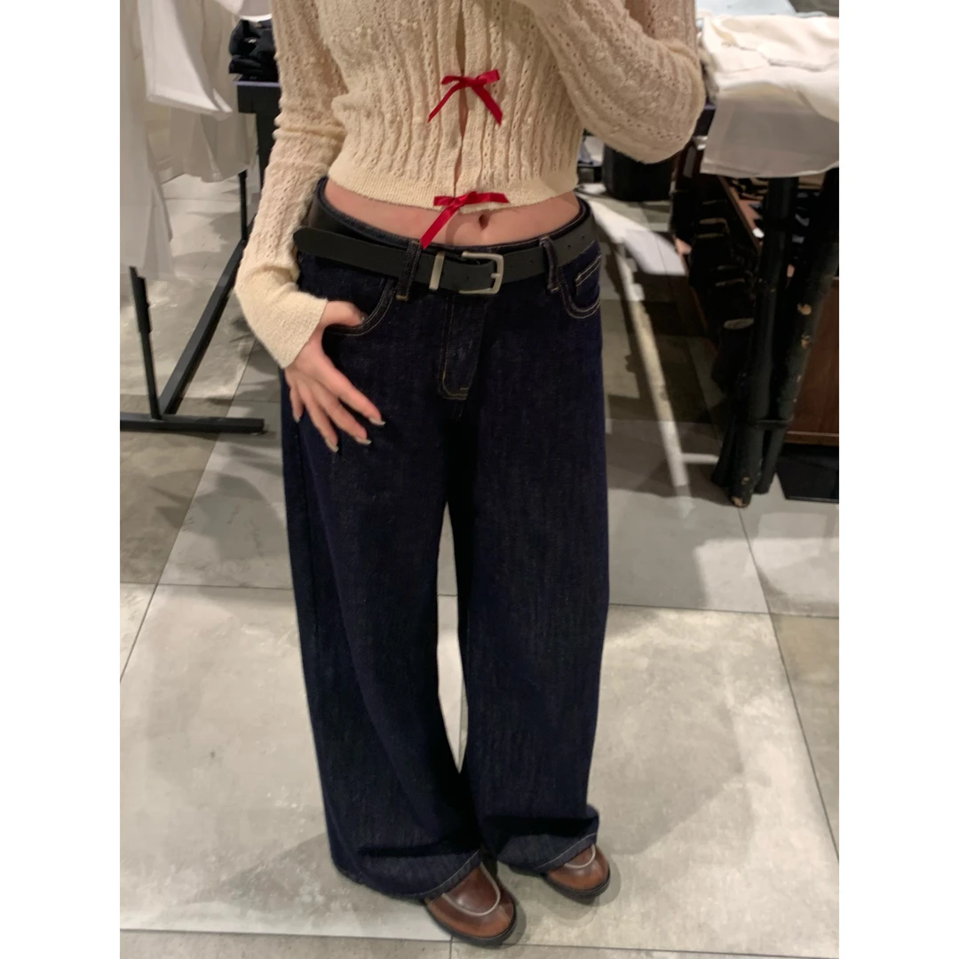 王少女的店 深蓝色阔腿牛仔裤四季百搭显瘦直筒长裤子 H23487S43