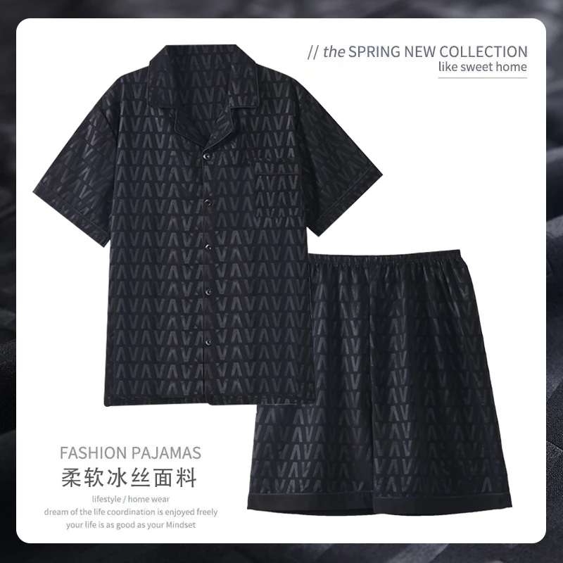 男士睡衣冰丝短袖夏季青年简约字母图案夏天开衫宽松家居服套装