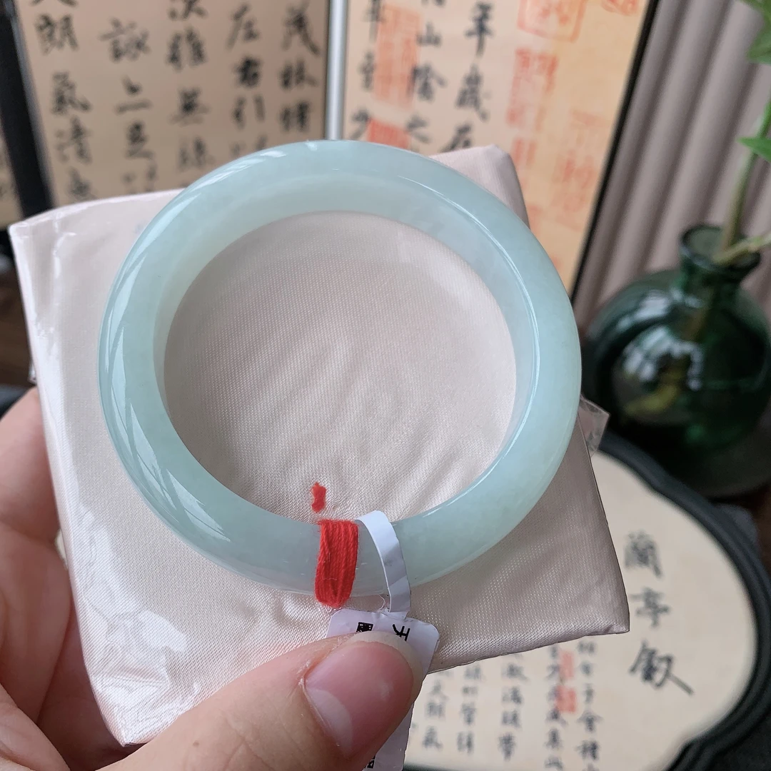 缅甸天然A货翡翠54.2圈口糯化种满圈色甜果绿正圈水润手镯女款059