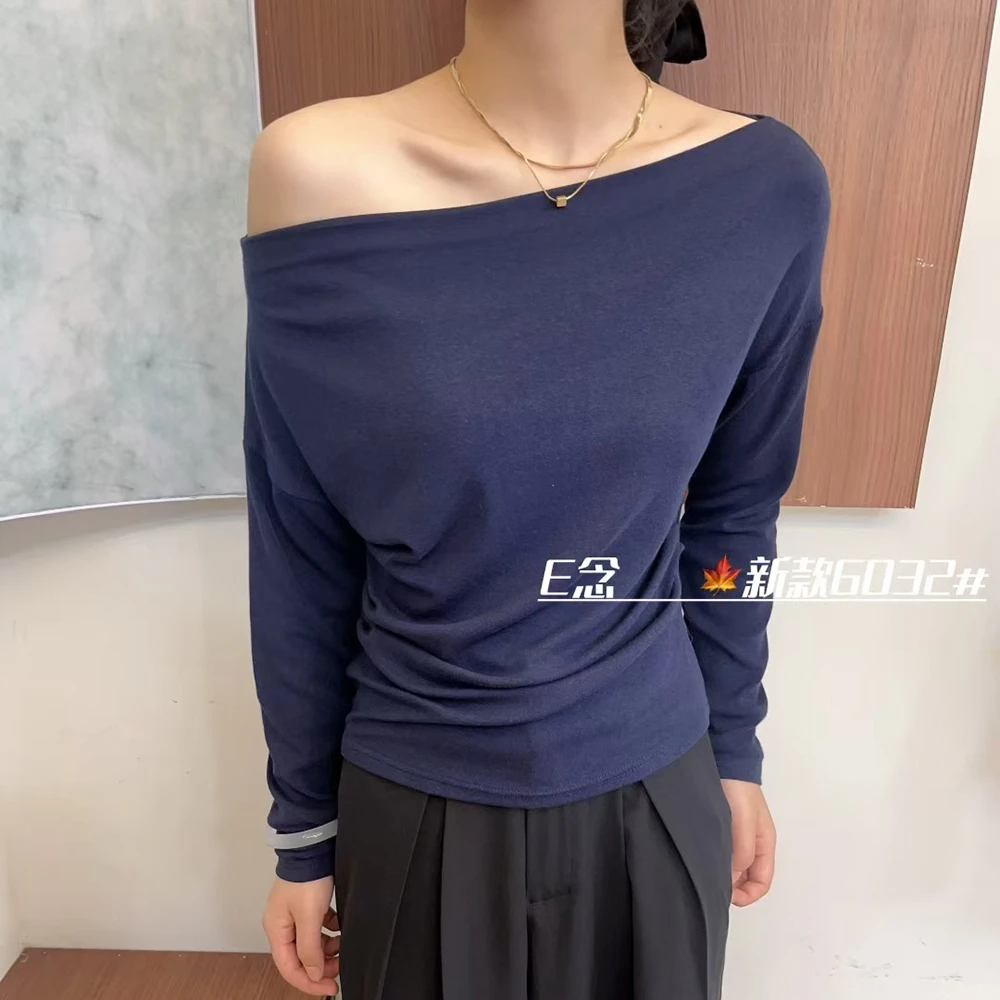 E念6032美式辣妹条纹斜肩长袖t恤女秋新款松弛感慵懒独特别致上衣