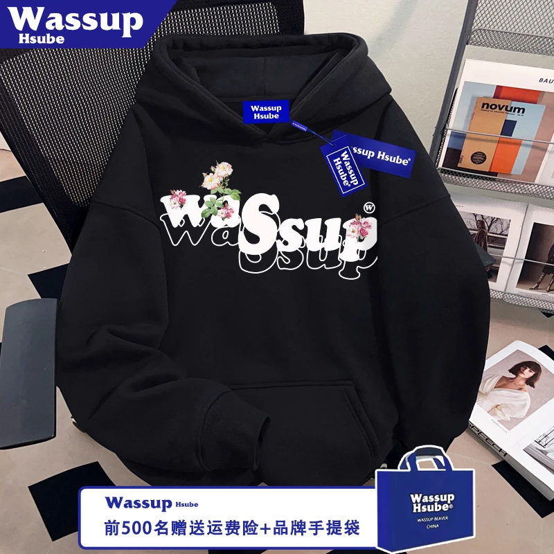 WASSUP HSUBE花卉字母印花黑色卫衣秋冬季男女款连帽套头潮酷上衣