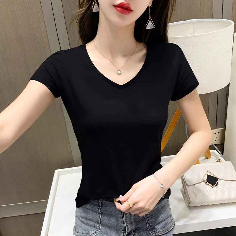 多巴胺黑色t恤女短袖V领时尚上衣低领修身百搭女装2025新款半袖纯