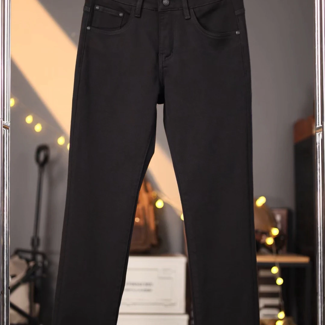 秋冬黑色男款修身直筒牛仔裤中腰弹力休闲长裤磨毛厚款