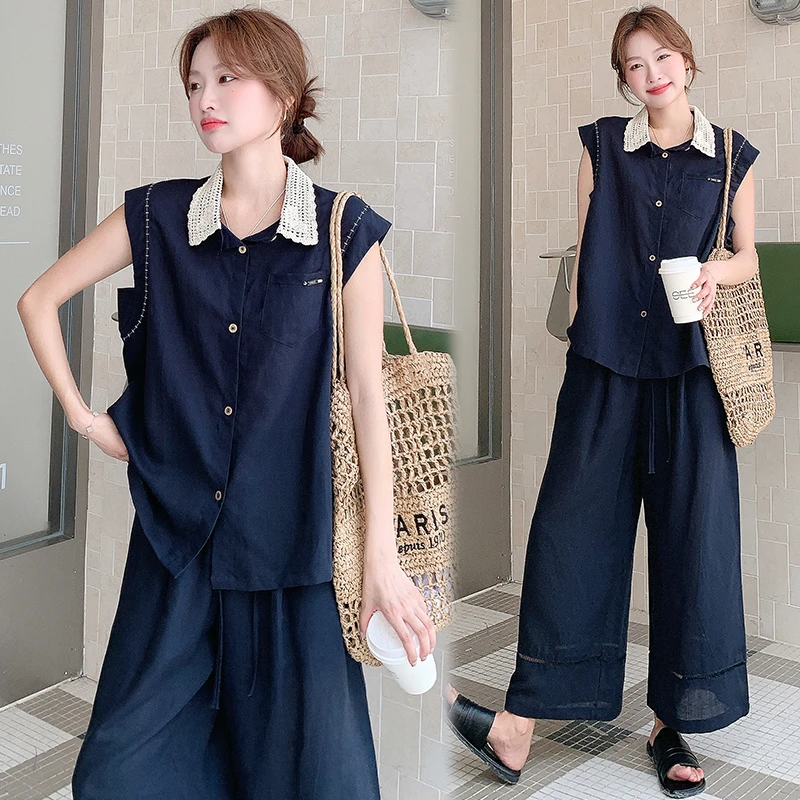 欧货休闲运动套装女夏季新网红洋气无袖马甲衬衫休闲阔腿裤两件套