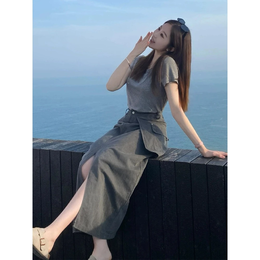 五一旅游出街衣服减龄显瘦遮肉禅意气质款女装灰色连衣裙子套装女