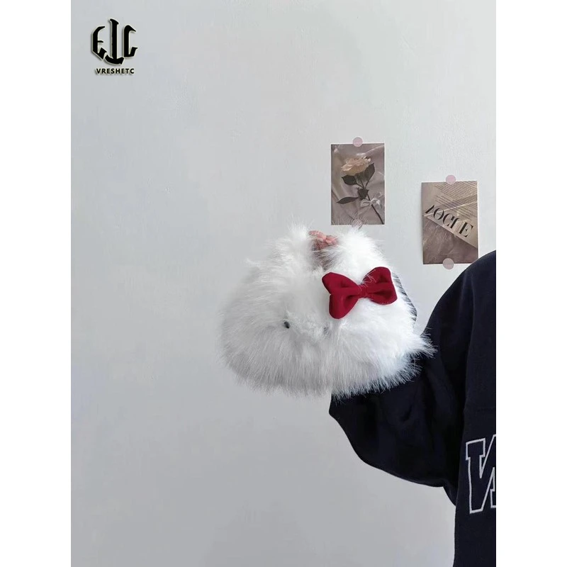 秋冬女毛绒包小众设计可爱的休闲小猫包软蜡长发单肩斜网红时尚