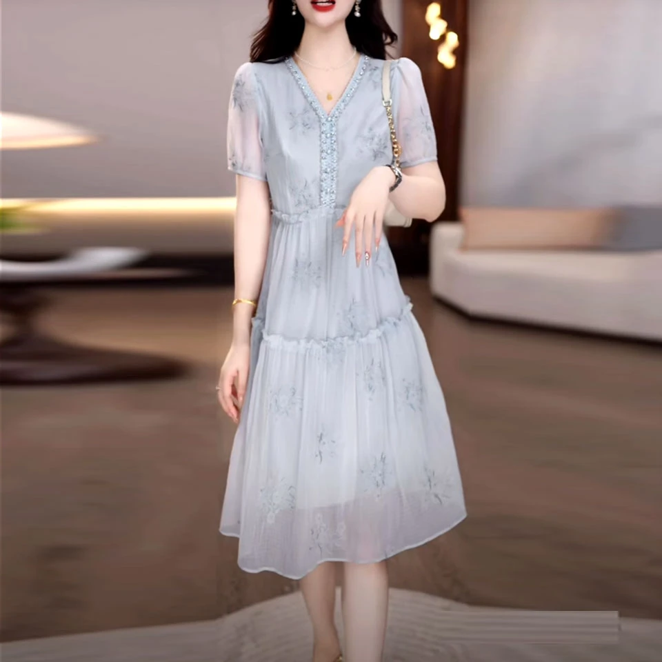 杨柳皱时尚优雅刺绣礼服裙2025夏季新款减龄修身气质显瘦连衣裙女