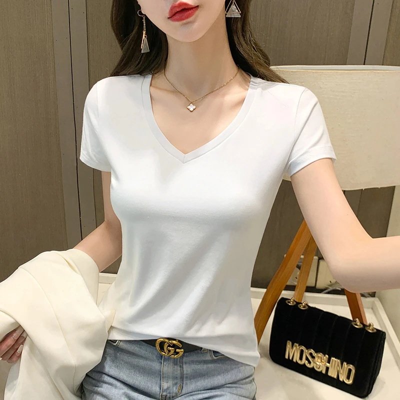 白色纯棉正肩V领短袖t恤女夏季2025新款修身洋气减龄纯色半袖体恤