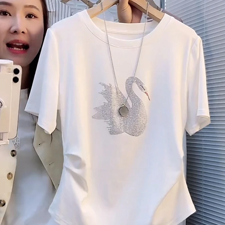 韩系简约重工天鹅短袖t恤女2025年夏季新款时尚百搭白色纯棉上衣