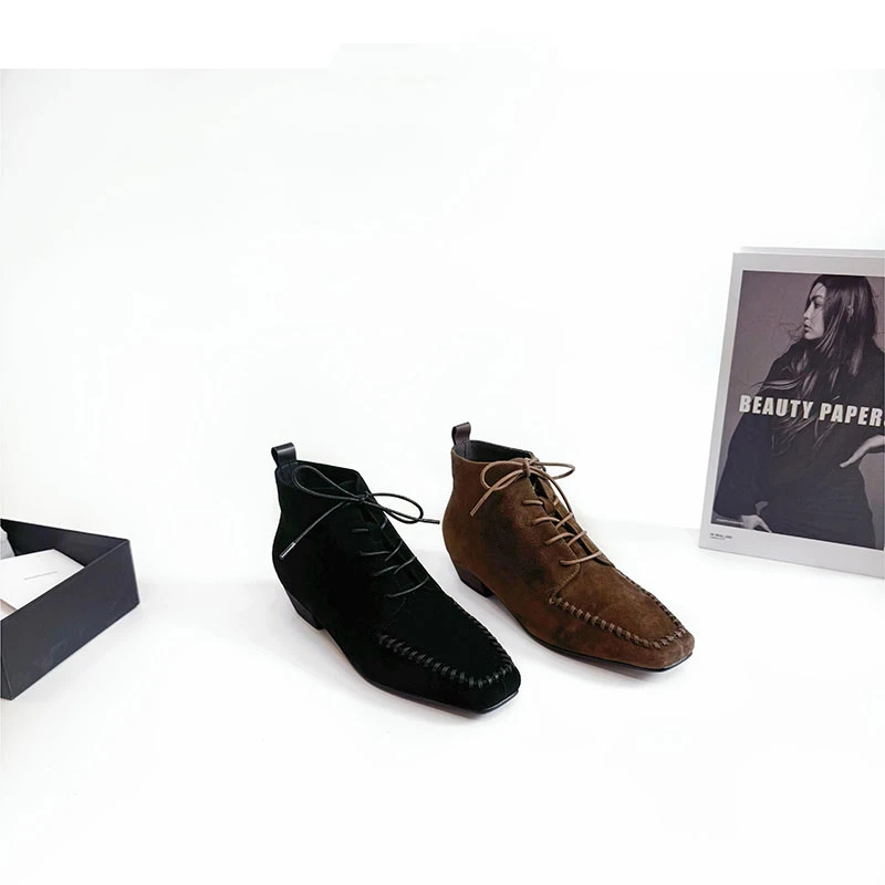 【万达撤柜】董洁同款韩版老钱风气质及踝靴女2025新款复古方头系