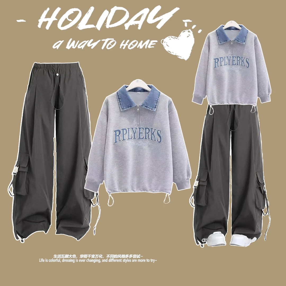 春秋款2025新款洋气假两件牛仔领polo卫衣中大童工装阔腿裤韩套装