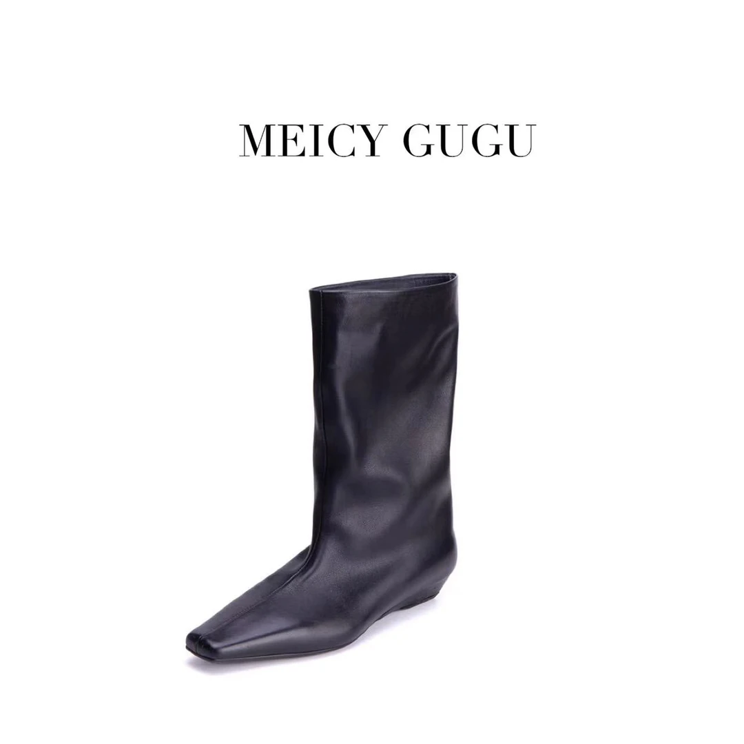 MEICY GUGU.复古胎牛皮宽筒短靴