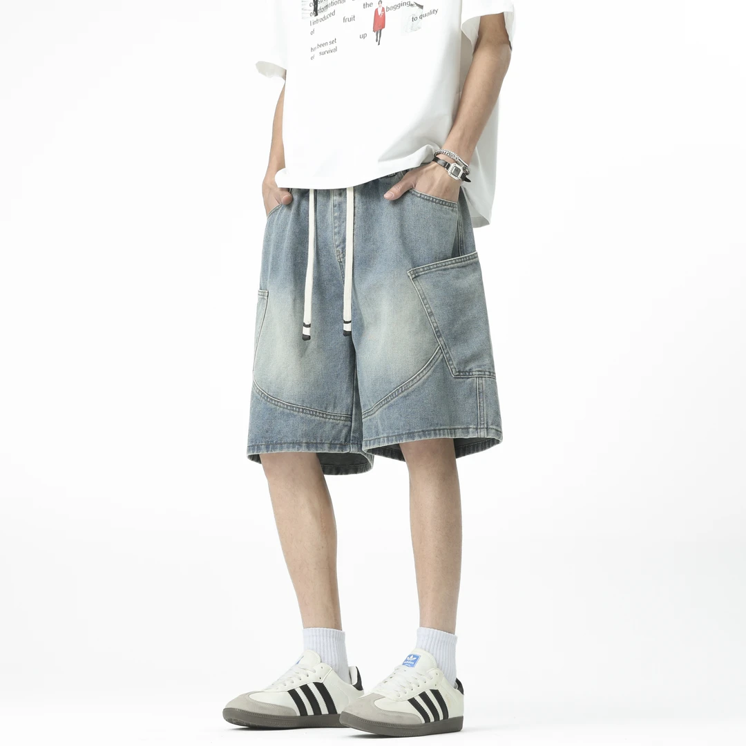 2025新款夏季潮流重磅水洗大口袋宽松大码牛仔短裤男五分中裤