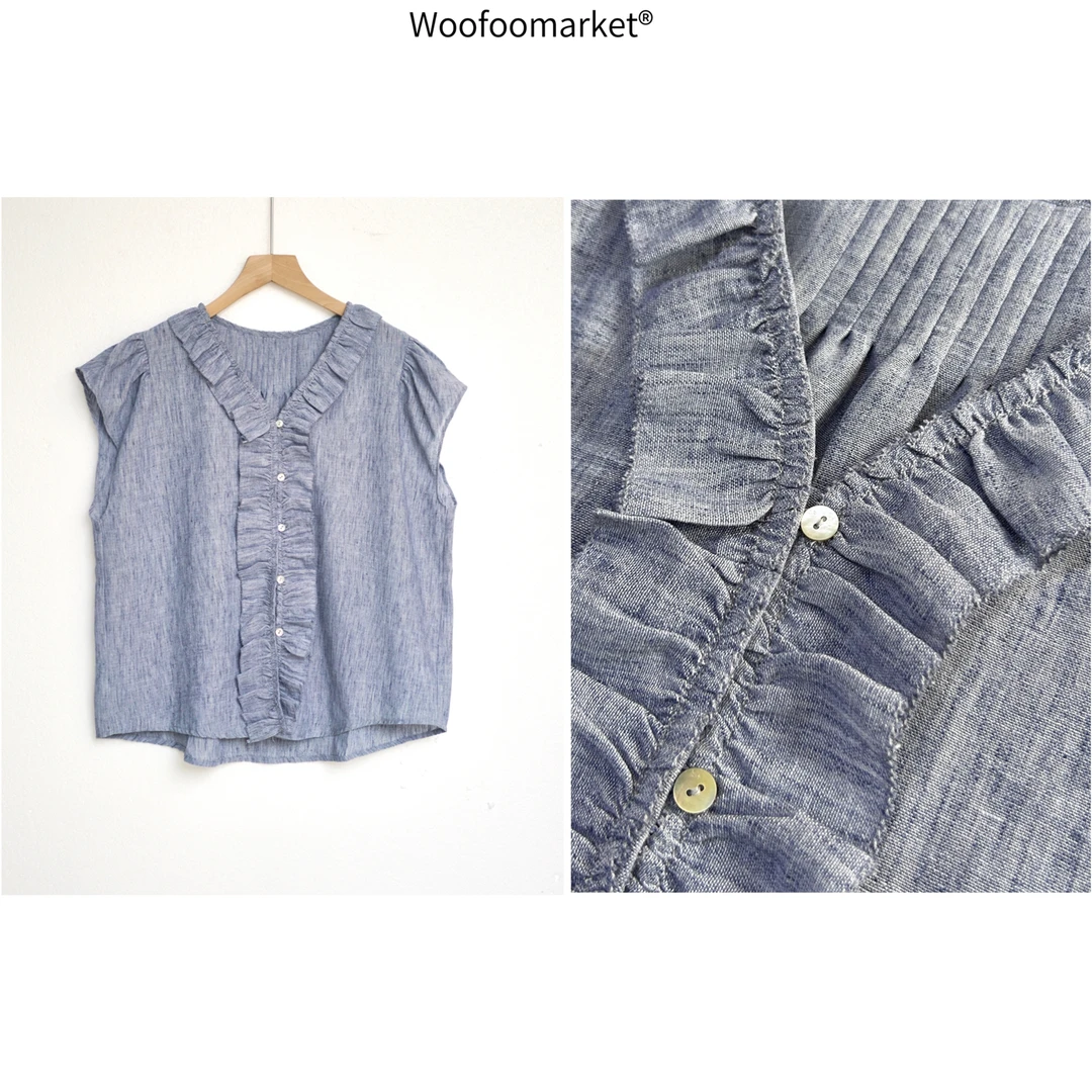 【海街日集】色织花纱 飞袖花边v领小衫女夏季小个子 CY798