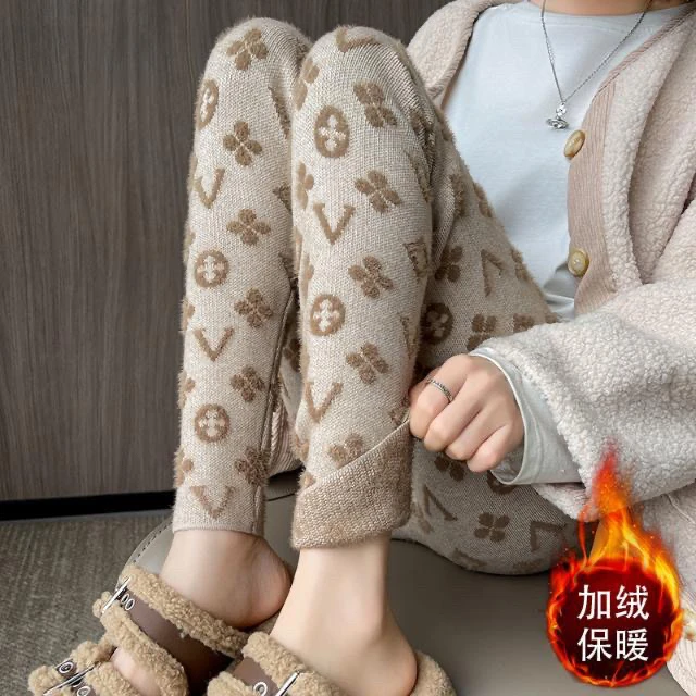 水貂绒提花打底裤女秋冬保暖高腰收腹弹力针织紧身小脚休闲裤