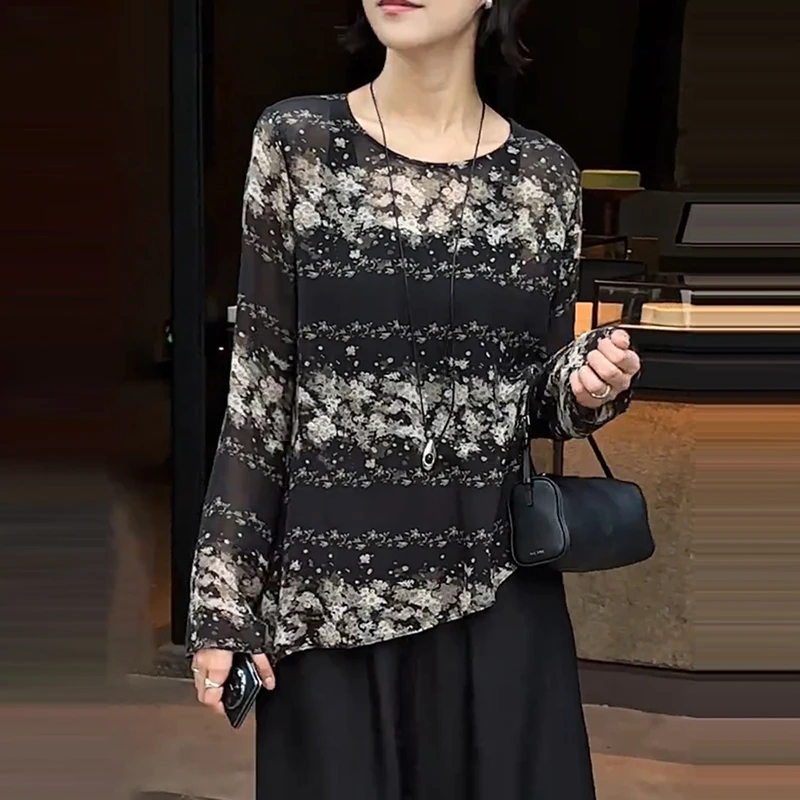 高级感薄款长袖撞色圆领上衣夏季新款宽松休闲显瘦气质百搭T恤女