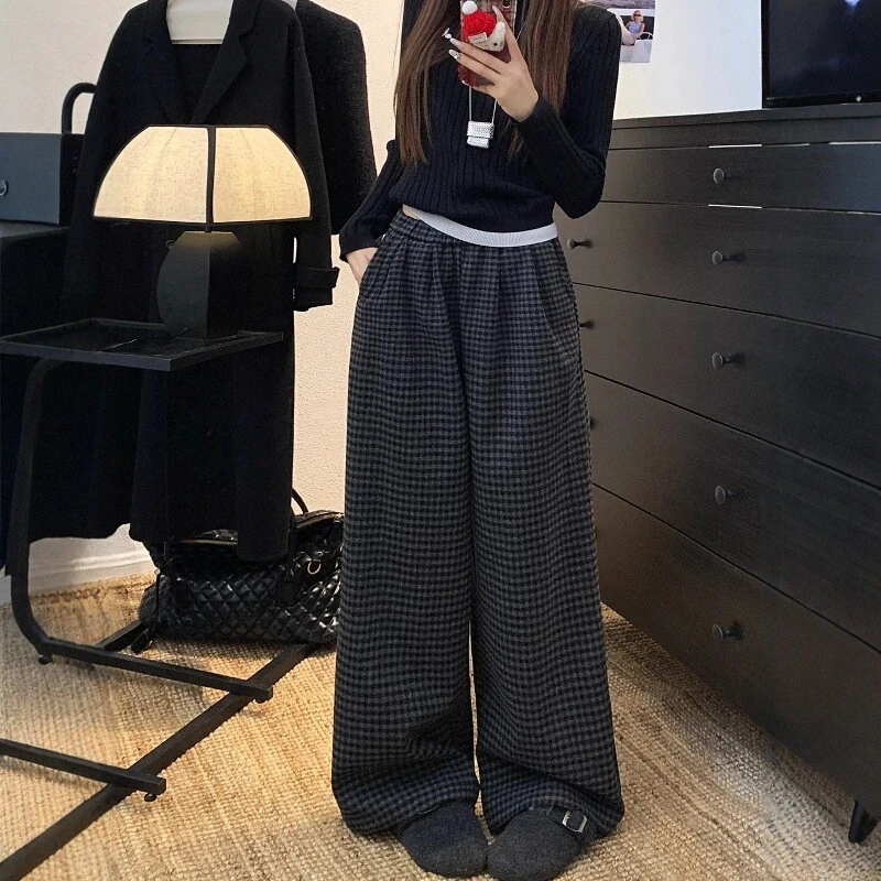 黑灰色格子阔腿裤女秋季大码胖mm复古显瘦慵懒松弛感运动休闲裤