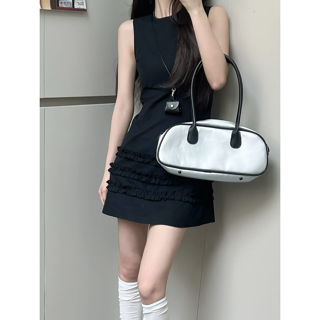 夏季新款法式温柔无袖背心连衣裙收腰气质木耳边下摆A字短裙子女