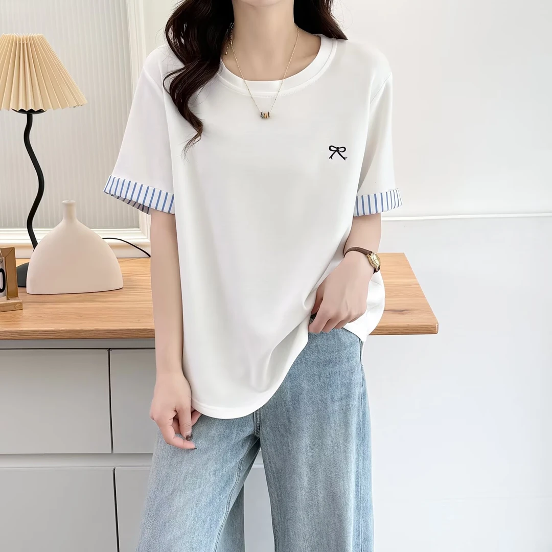 大码女装 胸108-132 刺绣蝴蝶结短袖186#