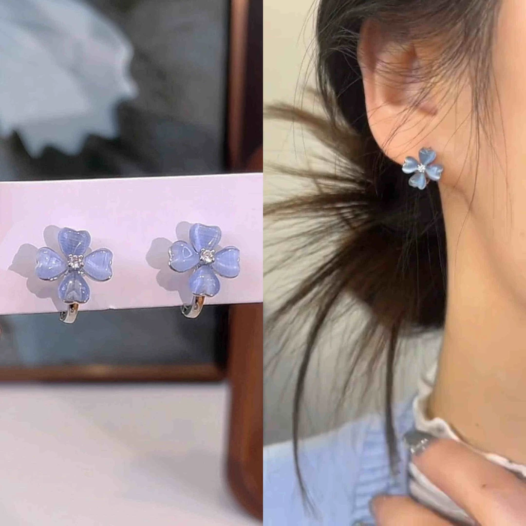 铜合金耳饰 蓝色四叶草耳钉女耳扣小众设计感轻奢气质耳环2025
