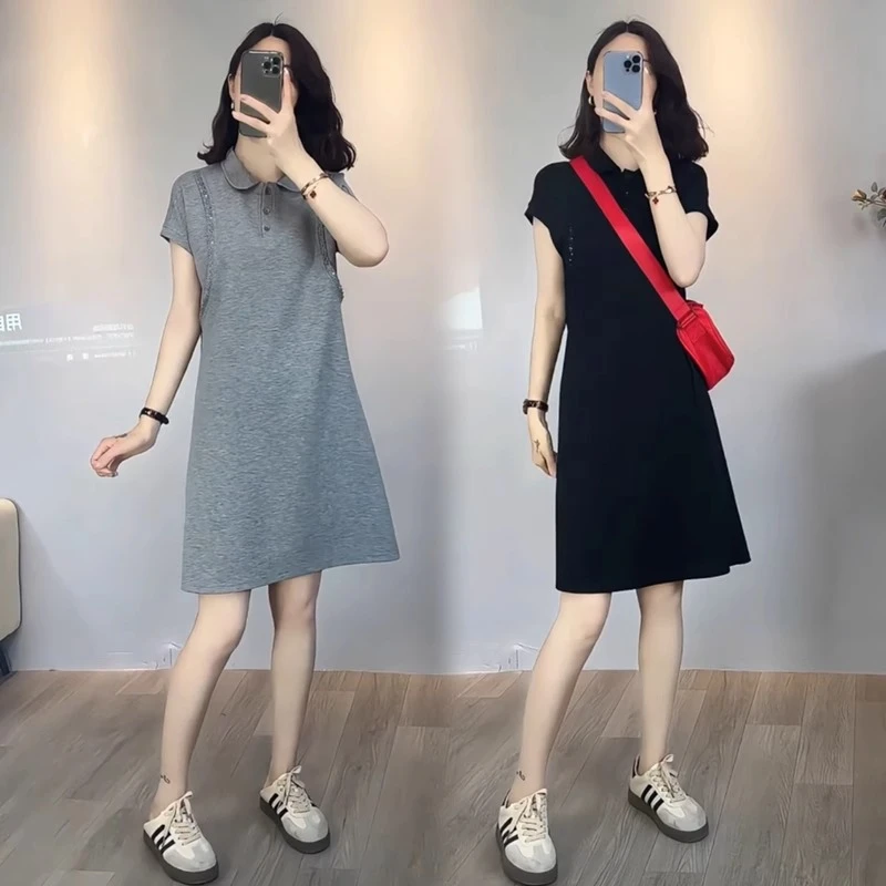 拉夏贝尔高级感简约休闲polo领短袖连衣裙夏季新款气质显瘦中长裙