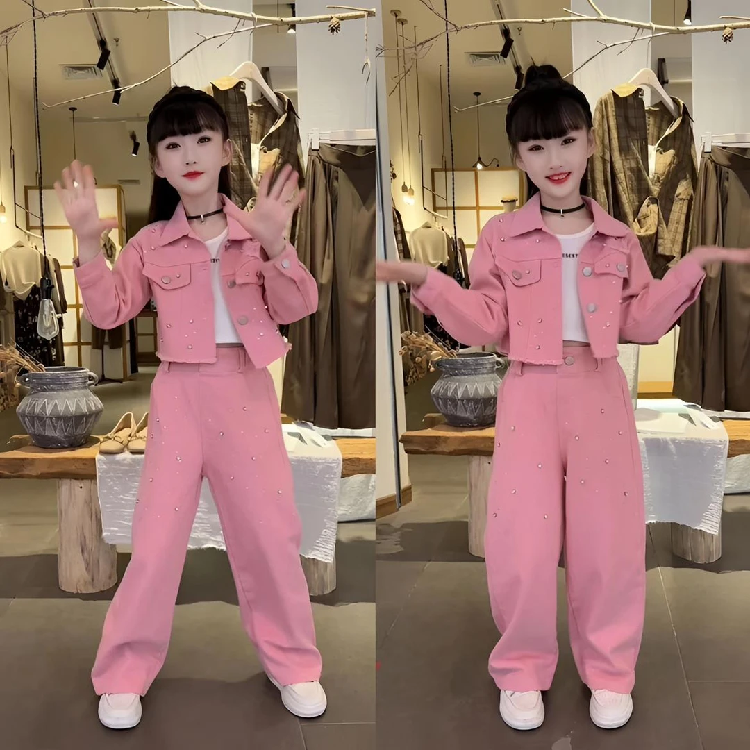 女童春装钉钻牛仔套装中大童重工烫钻韩版时尚直筒裤两件套春秋