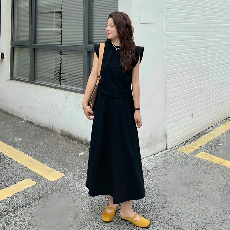 大码黑色上衣半身裙两件套女装2025新款胖mm显瘦巨好看的夏装套装