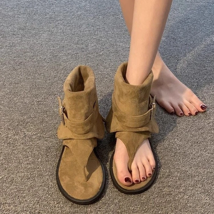 法式人字夹趾凉鞋女2025年夏季新款气质平底凉靴宽松套筒库管短靴