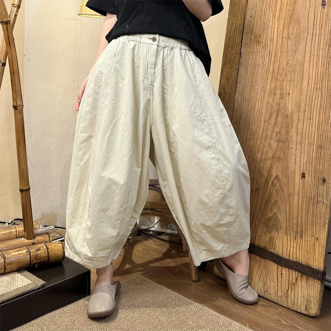 【半奏】明线拼接简约文艺风薄款棉质灯笼裤长87腰围66-106臀围140