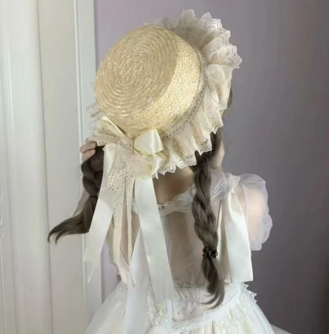 手作蝴蝶结草帽女夏季遮阳帽子LOLITA森女系花边蝴蝶结百搭氛围