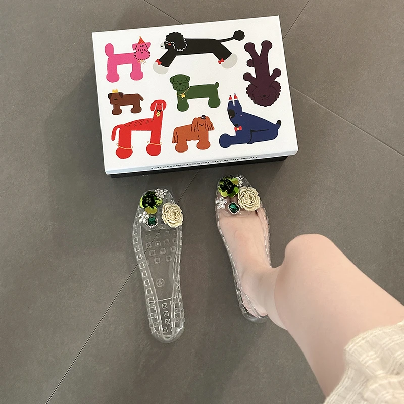 韩版夏季亮皮花朵果冻鞋女2025新款透明水晶鞋夏季外穿单鞋洞洞鞋
