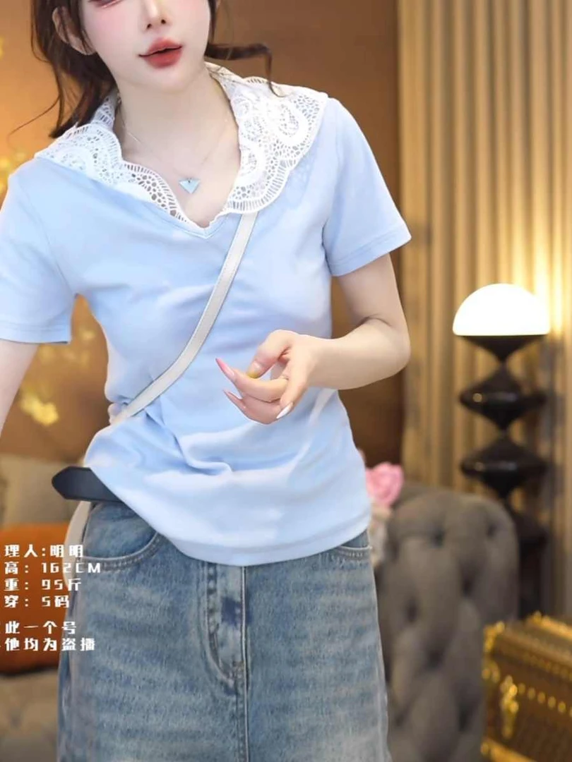 纯棉大码欧货蕾丝设计感连帽短袖t恤女2025夏季新款宽松显瘦上衣