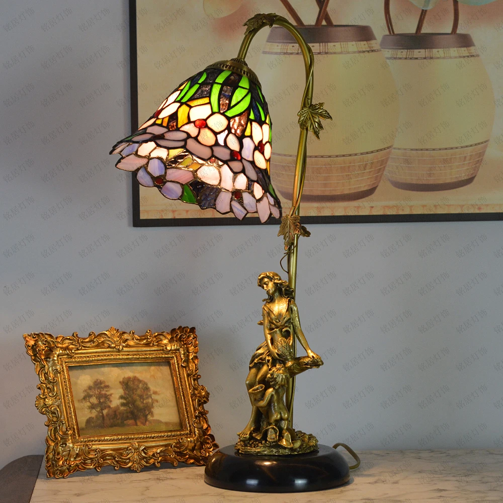 法式全铜台灯灯蒂凡尼艺术灯复古抱瓶天使女神欧式卧室客厅灯