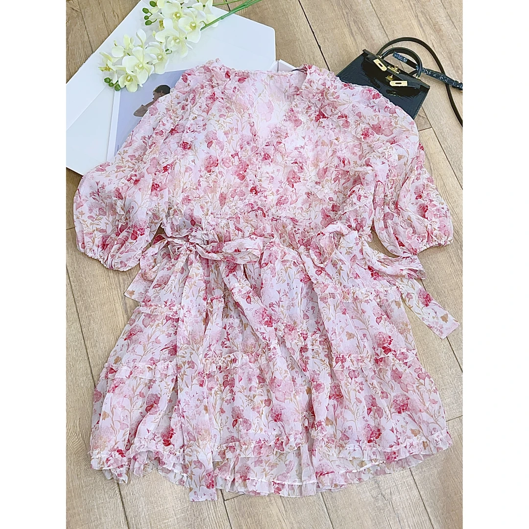 丨春季新款气质显瘦减龄桃粉色碎花连衣裙 2645