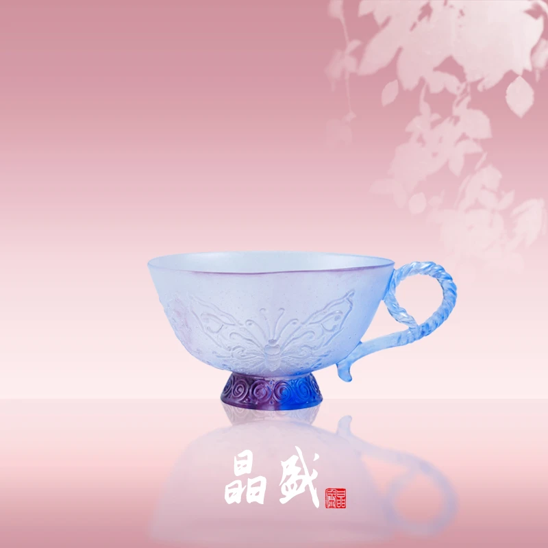 【KNIGHT水晶工坊】古法琉璃立体雕花蝴蝶咖啡杯侧把功夫茶杯主人杯