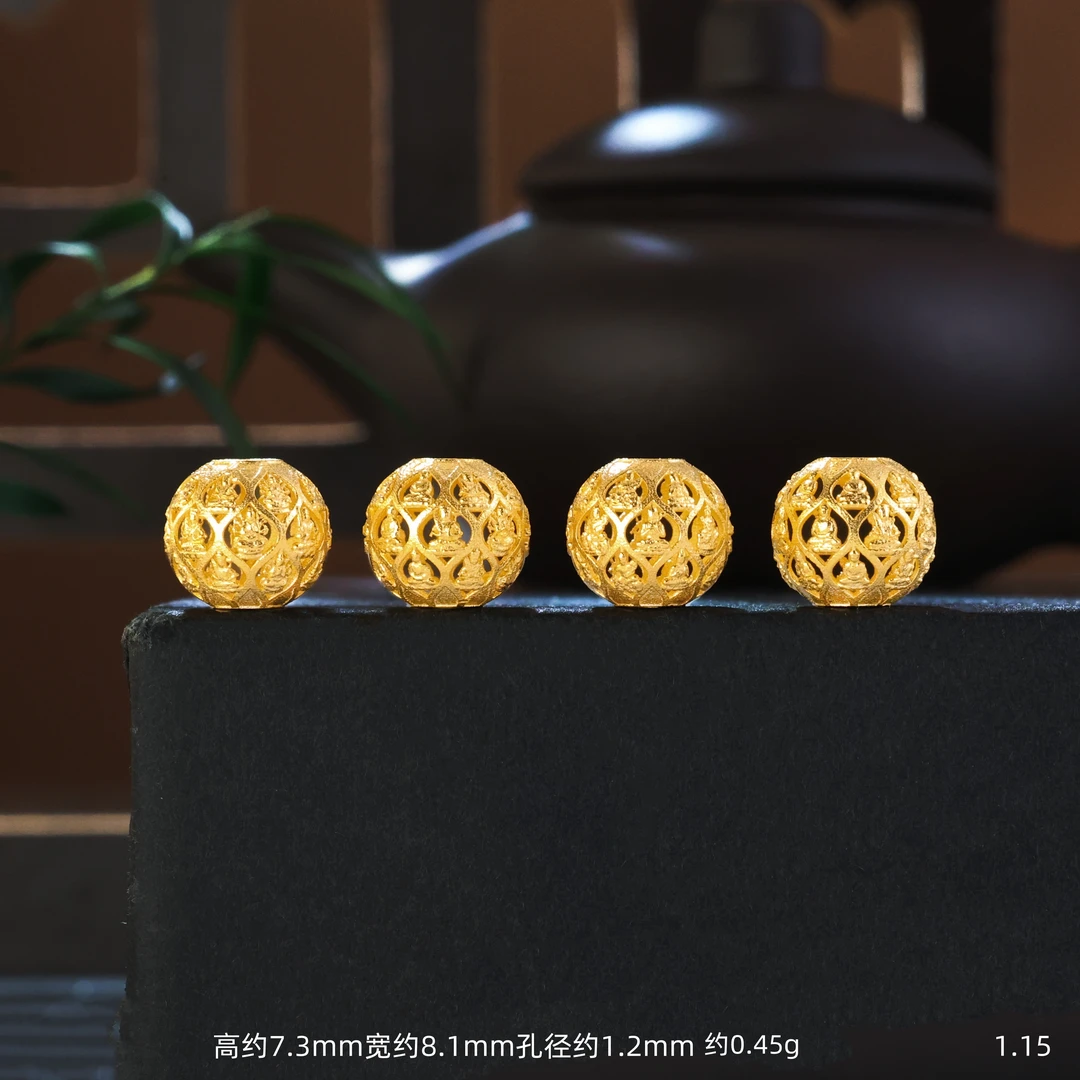 【金豆工厂】18K金实心金8mm八大守护镂空隔珠顶珠转运珠文玩金珠D