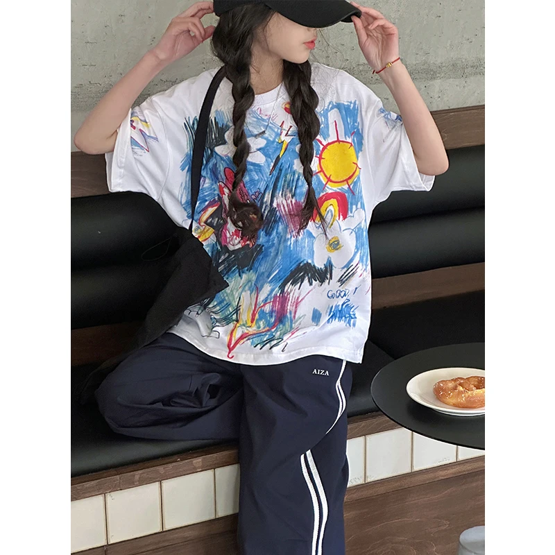 K28336手绘涂鸦女童短袖T恤儿童上衣2025夏装女大童百搭半袖春夏t